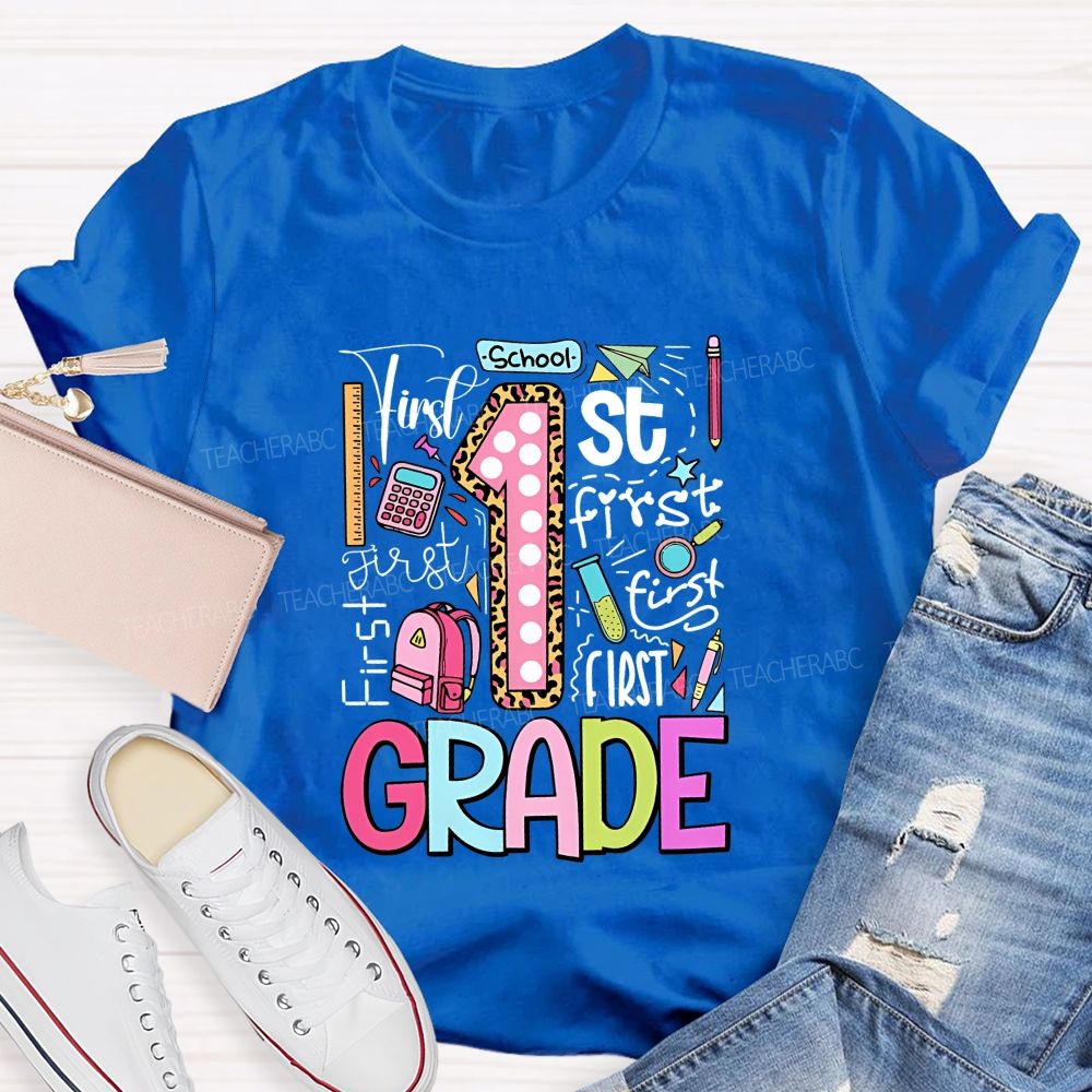 Personalized Grade First Grade Colored Fonts Teacher T-shirt