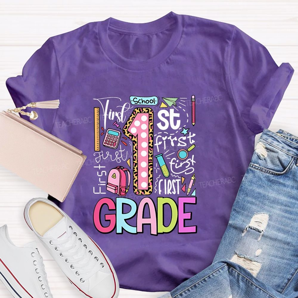 Personalized Grade First Grade Colored Fonts Teacher T-shirt