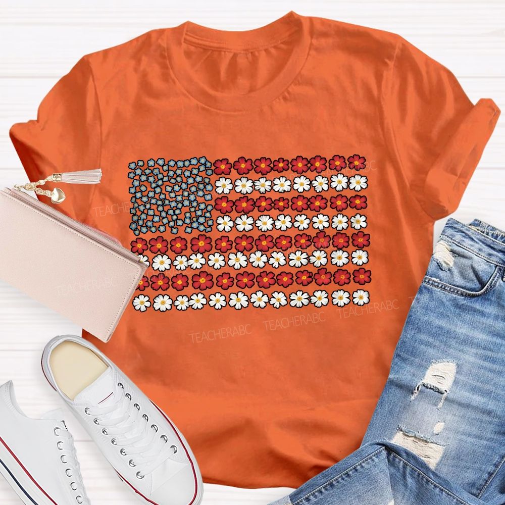 Teacher Floral American Flag Teacher T-shirt