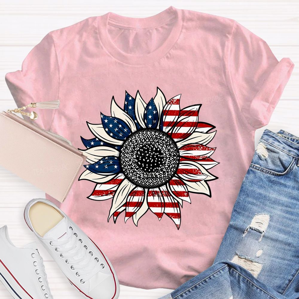 American Flag Sunflower Stars Teacher T-shirt