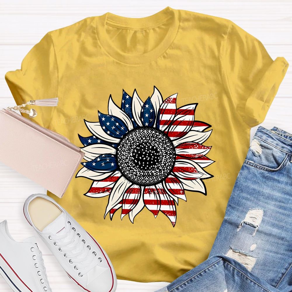 American Flag Sunflower Stars Teacher T-shirt