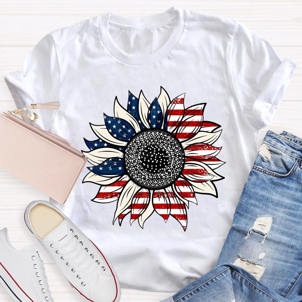 American Flag Sunflower Stars Teacher T-shirt