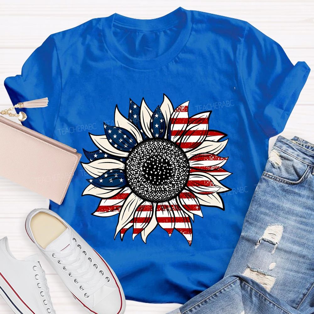American Flag Sunflower Stars Teacher T-shirt