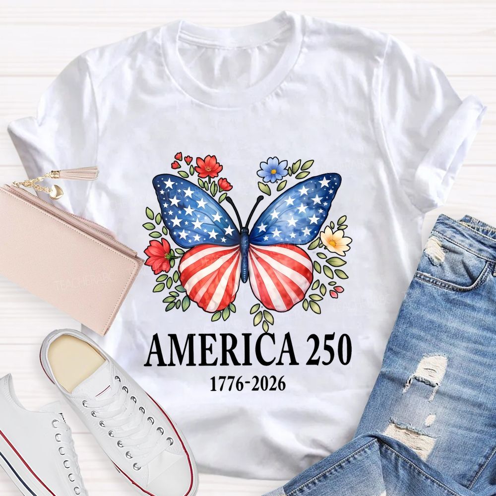 Teacher America 250 Butterfly Patriotic Wings Teacher T-shirt
