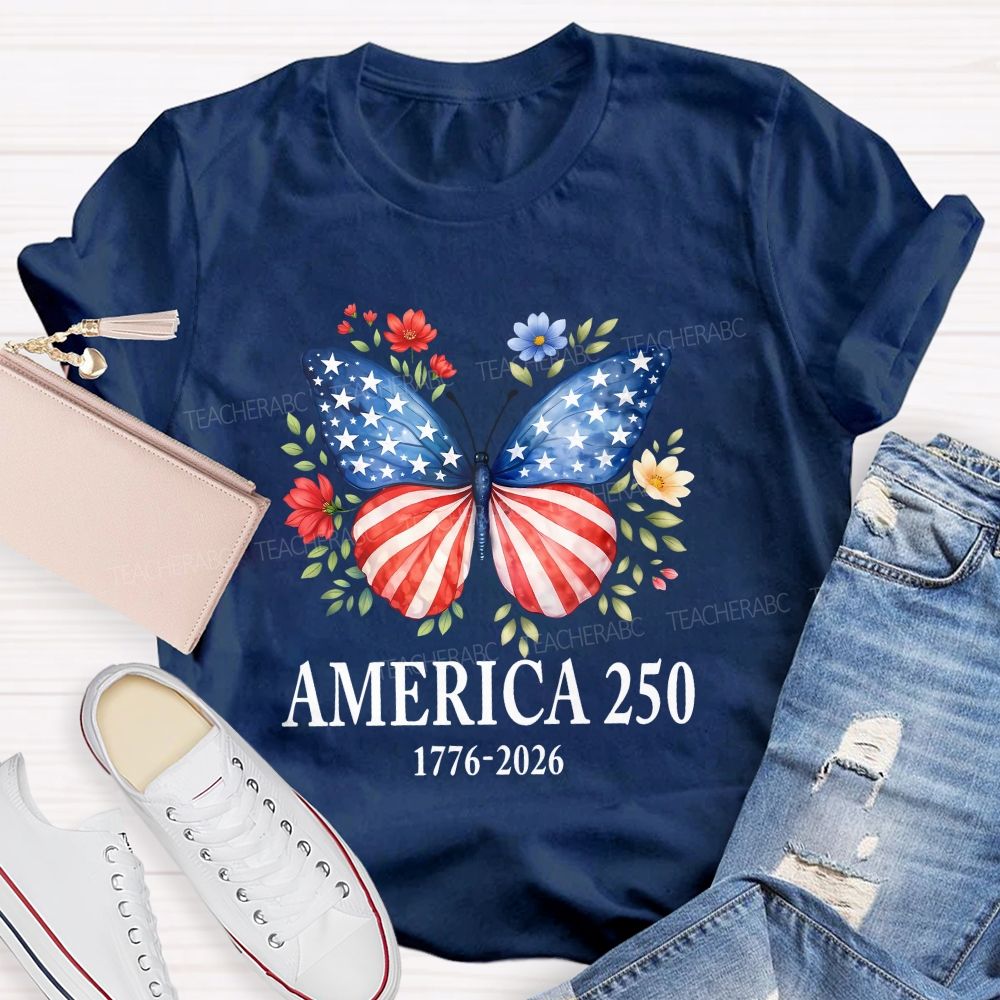 Teacher America 250 Butterfly Patriotic Wings Teacher T-shirt