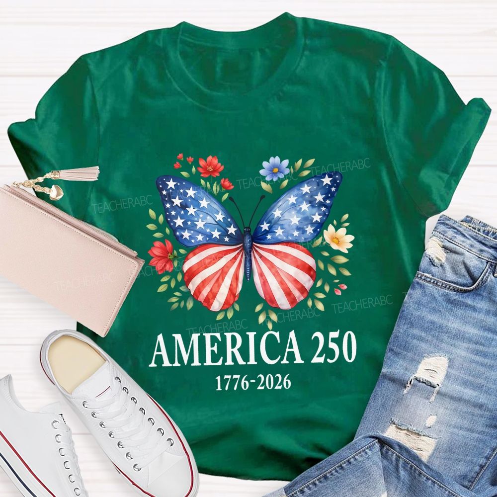 Teacher America 250 Butterfly Patriotic Wings Teacher T-shirt