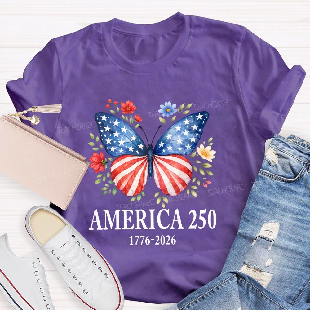 Teacher America 250 Butterfly Patriotic Wings Teacher T-shirt
