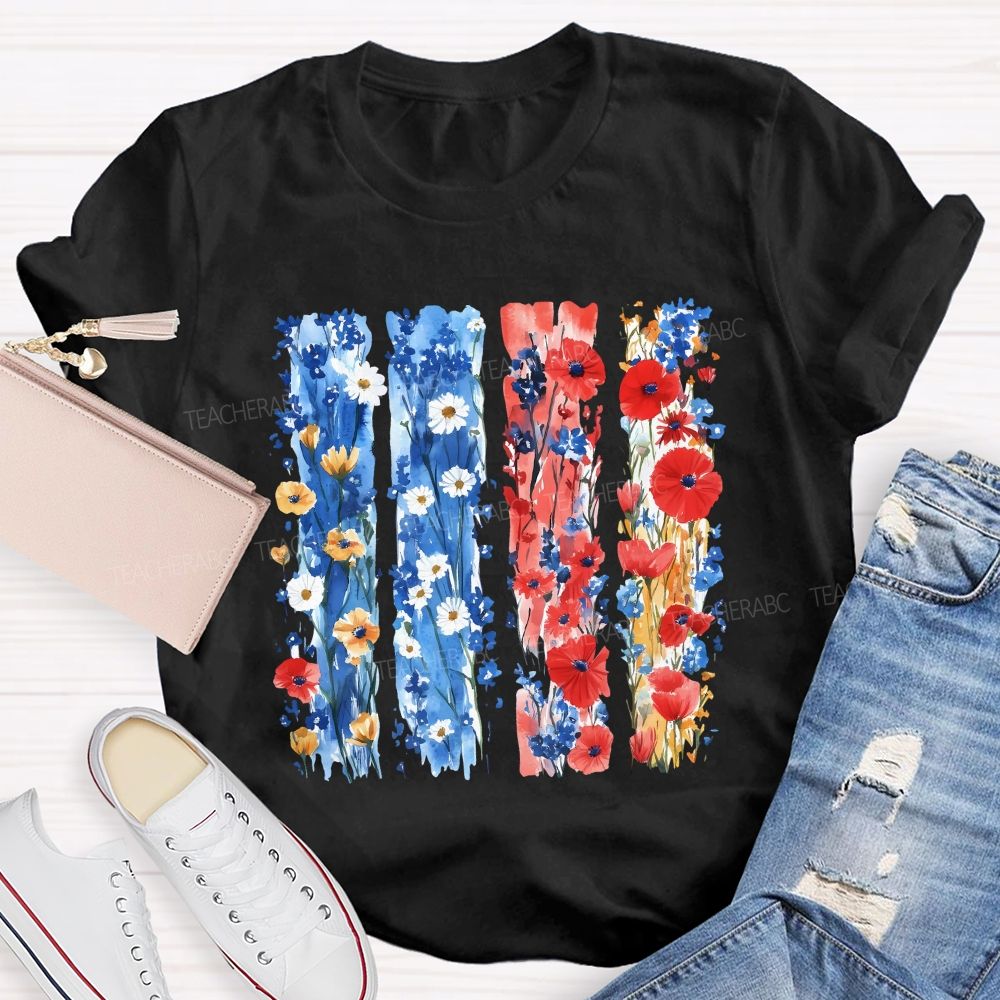 Watercolor Patriotic Flowers Patriotic Wildflower Flag Teacher T-shirt