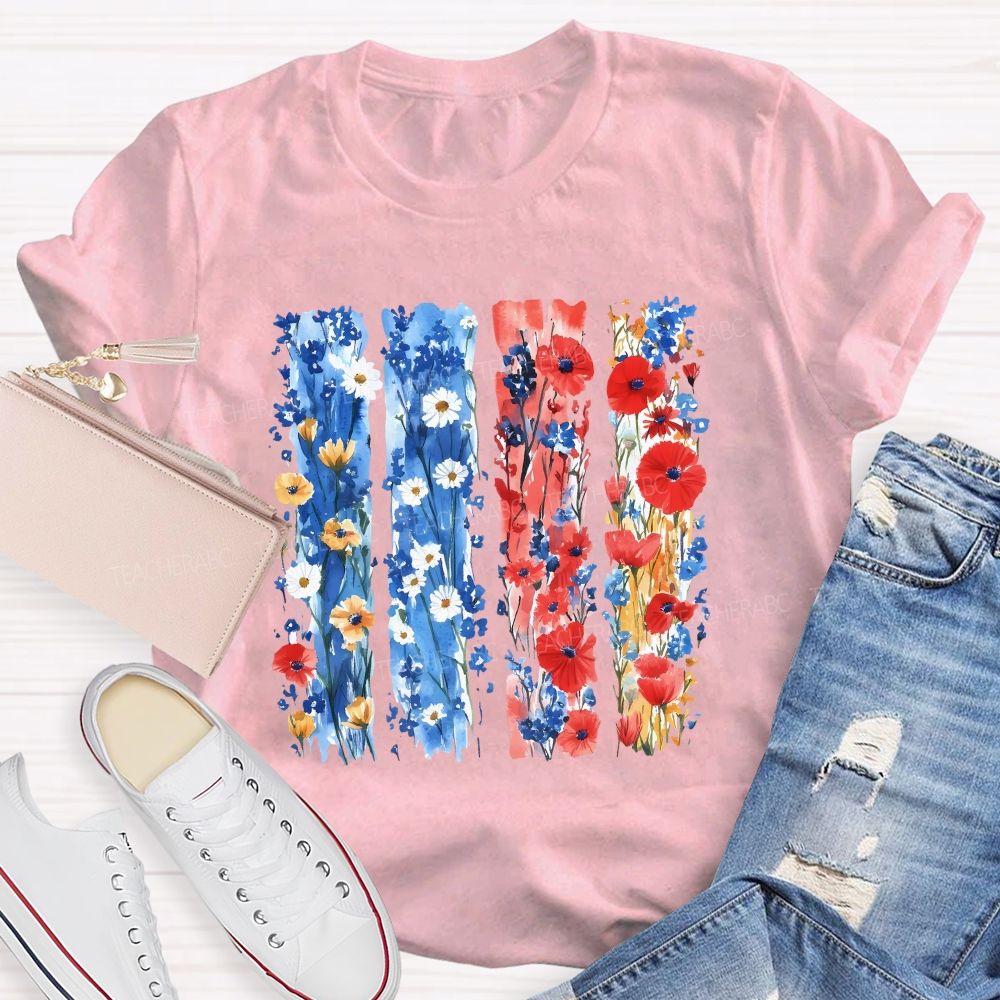 Watercolor Patriotic Flowers Patriotic Wildflower Flag Teacher T-shirt