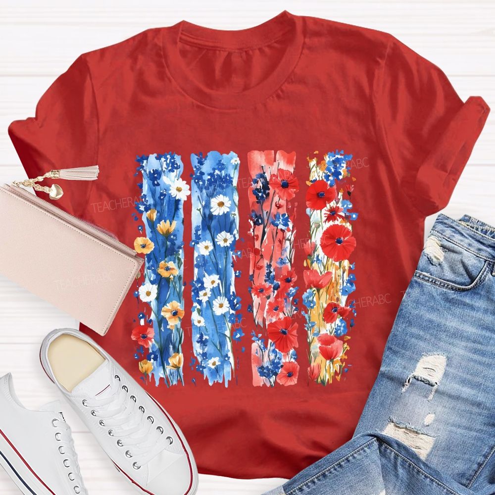 Watercolor Patriotic Flowers Patriotic Wildflower Flag Teacher T-shirt