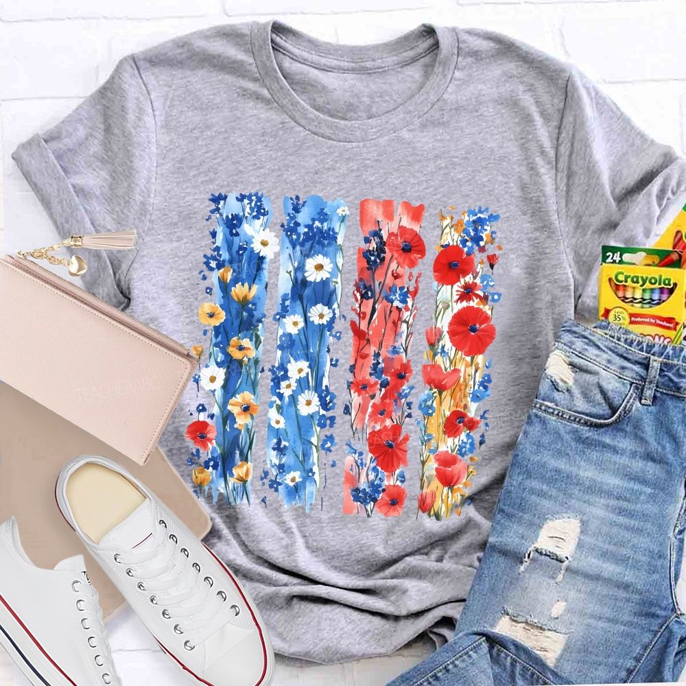 Watercolor Patriotic Flowers Patriotic Wildflower Flag Teacher T-shirt