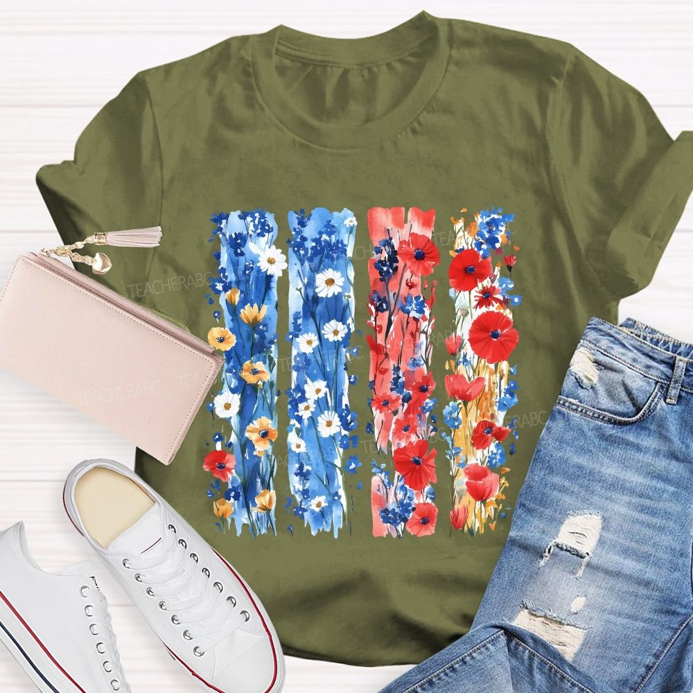 Watercolor Patriotic Flowers Patriotic Wildflower Flag Teacher T-shirt