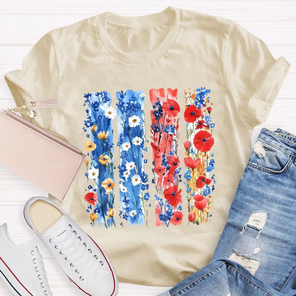Watercolor Patriotic Flowers Patriotic Wildflower Flag Teacher T-shirt