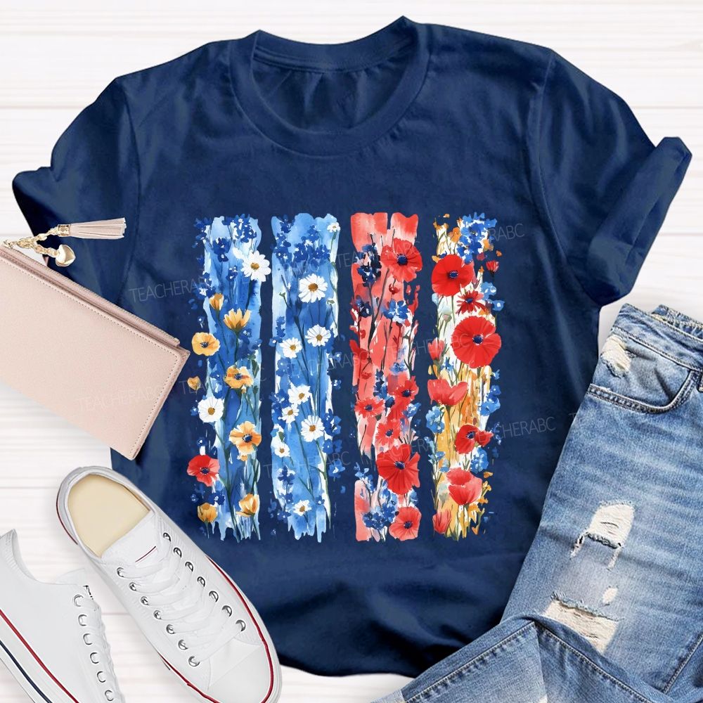 Watercolor Patriotic Flowers Patriotic Wildflower Flag Teacher T-shirt