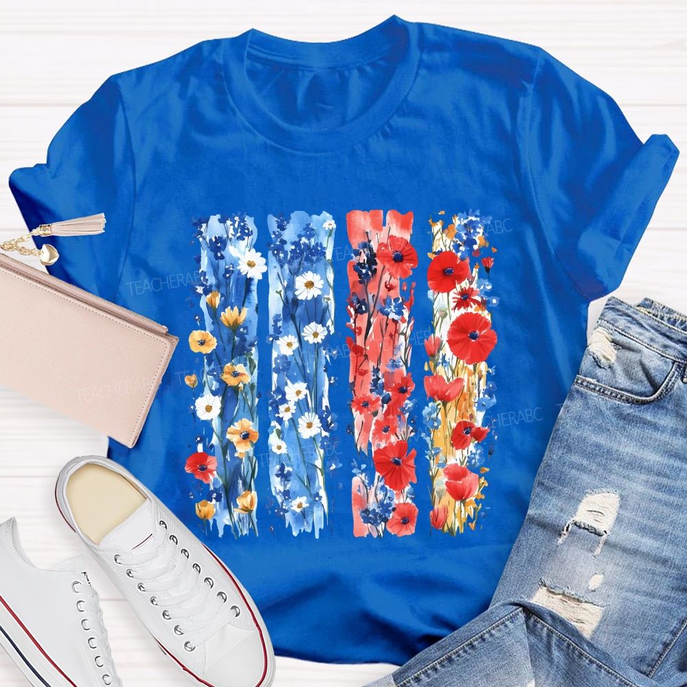 Watercolor Patriotic Flowers Patriotic Wildflower Flag Teacher T-shirt