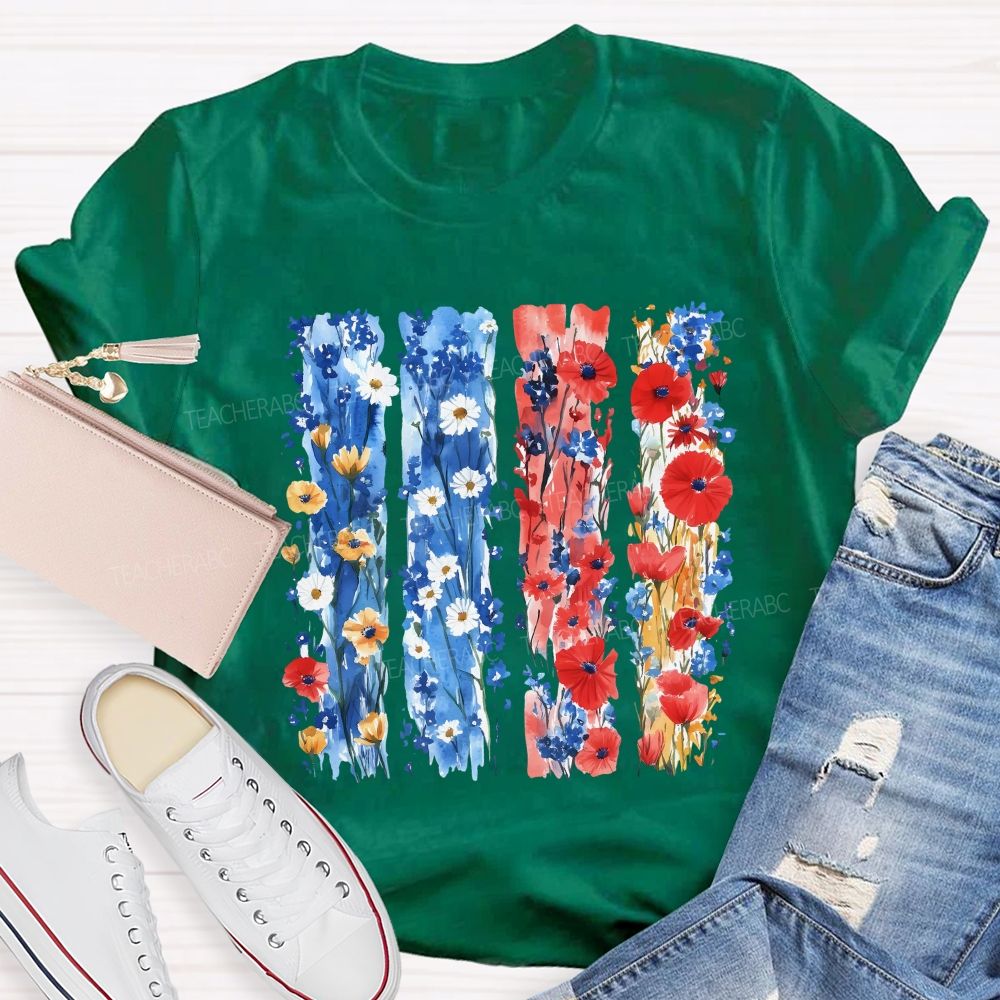 Watercolor Patriotic Flowers Patriotic Wildflower Flag Teacher T-shirt