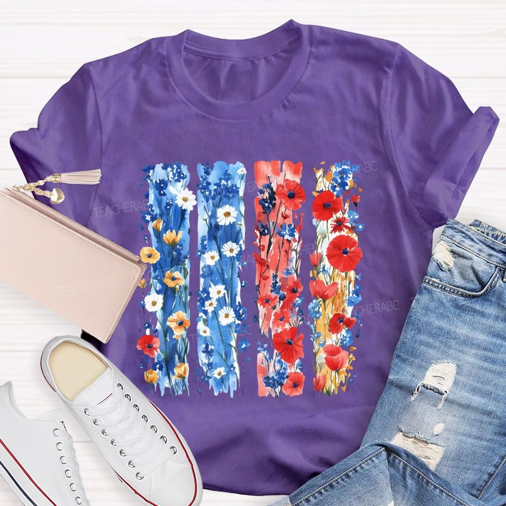 Watercolor Patriotic Flowers Patriotic Wildflower Flag Teacher T-shirt