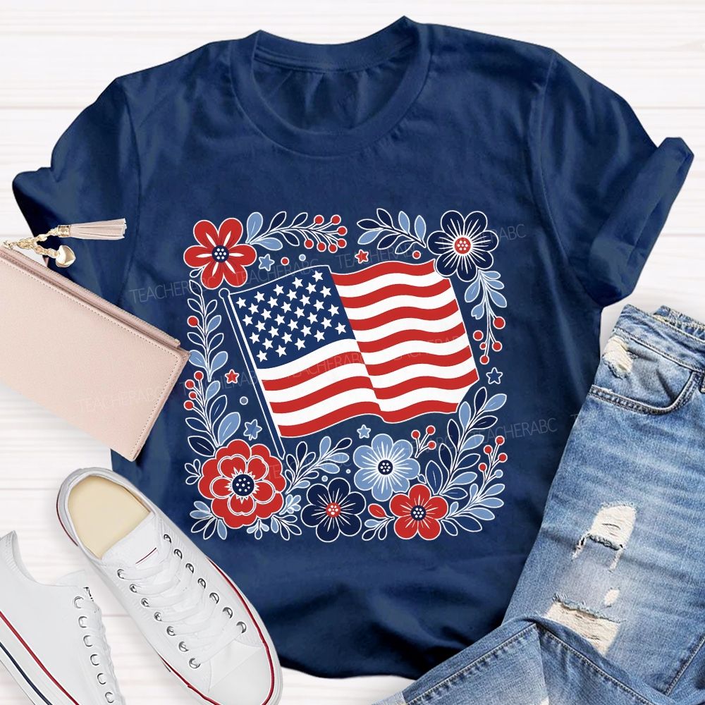 American Folk Flag Blooms Independence Day Floral Flag Teacher T-shirt