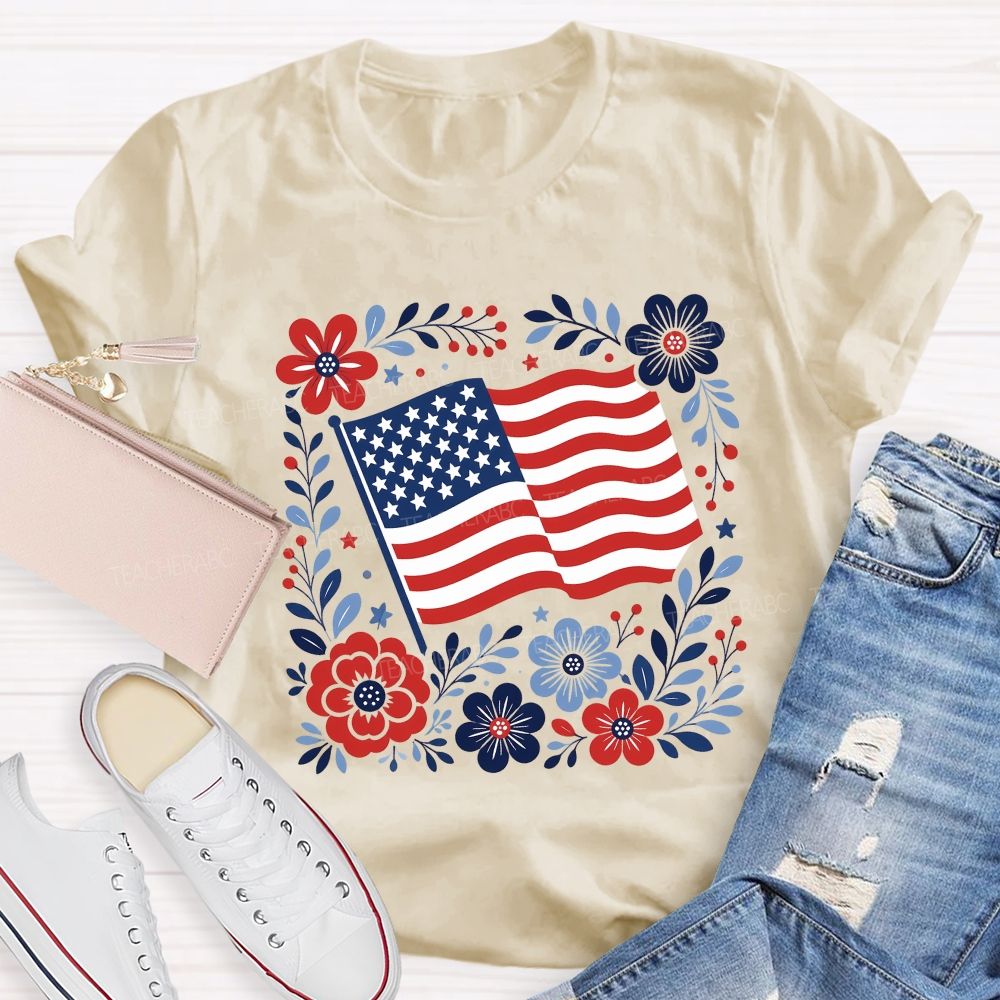 American Folk Flag Blooms Independence Day Floral Flag Teacher T-shirt