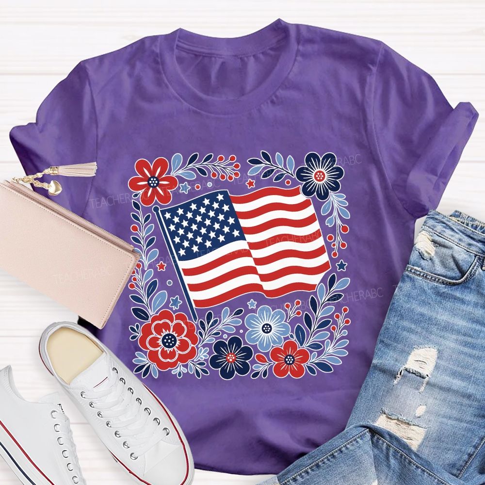 American Folk Flag Blooms Independence Day Floral Flag Teacher T-shirt
