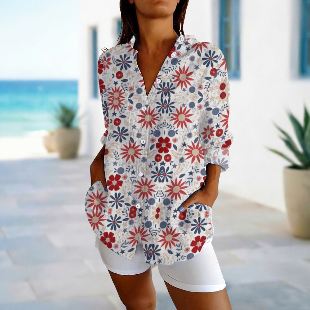 Boho Blue Red Floral Blouse