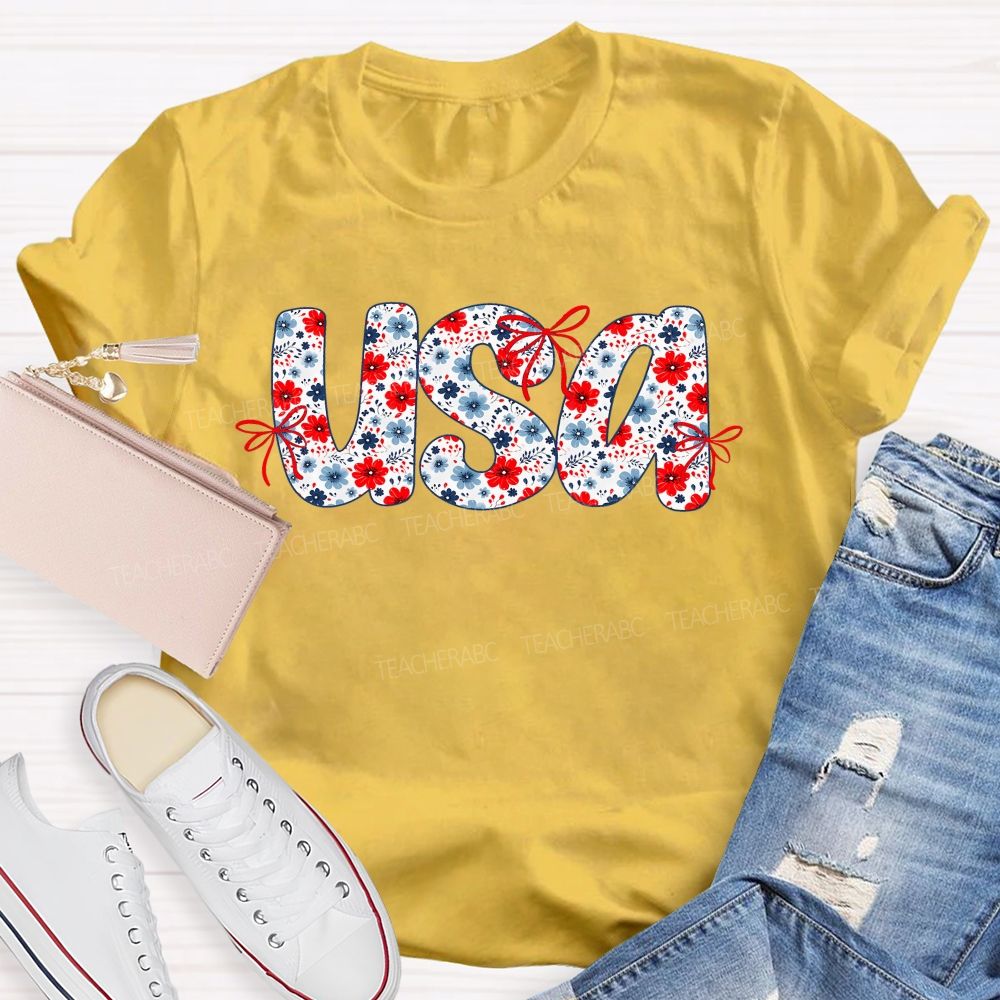 USA Flowers Pattern Teacher T-shirt