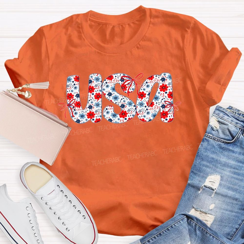USA Flowers Pattern Teacher T-shirt