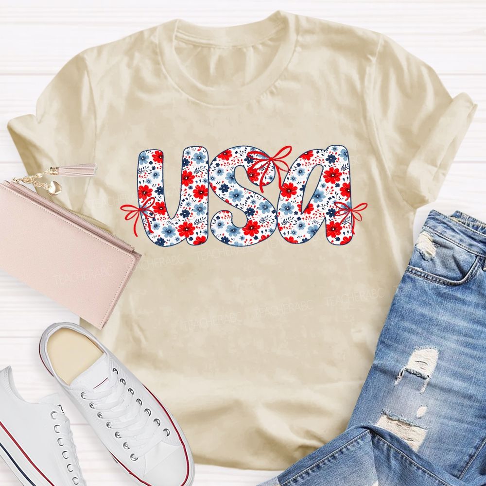 USA Flowers Pattern Teacher T-shirt
