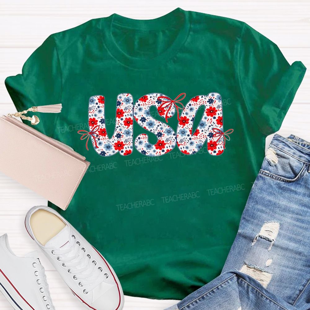 USA Flowers Pattern Teacher T-shirt