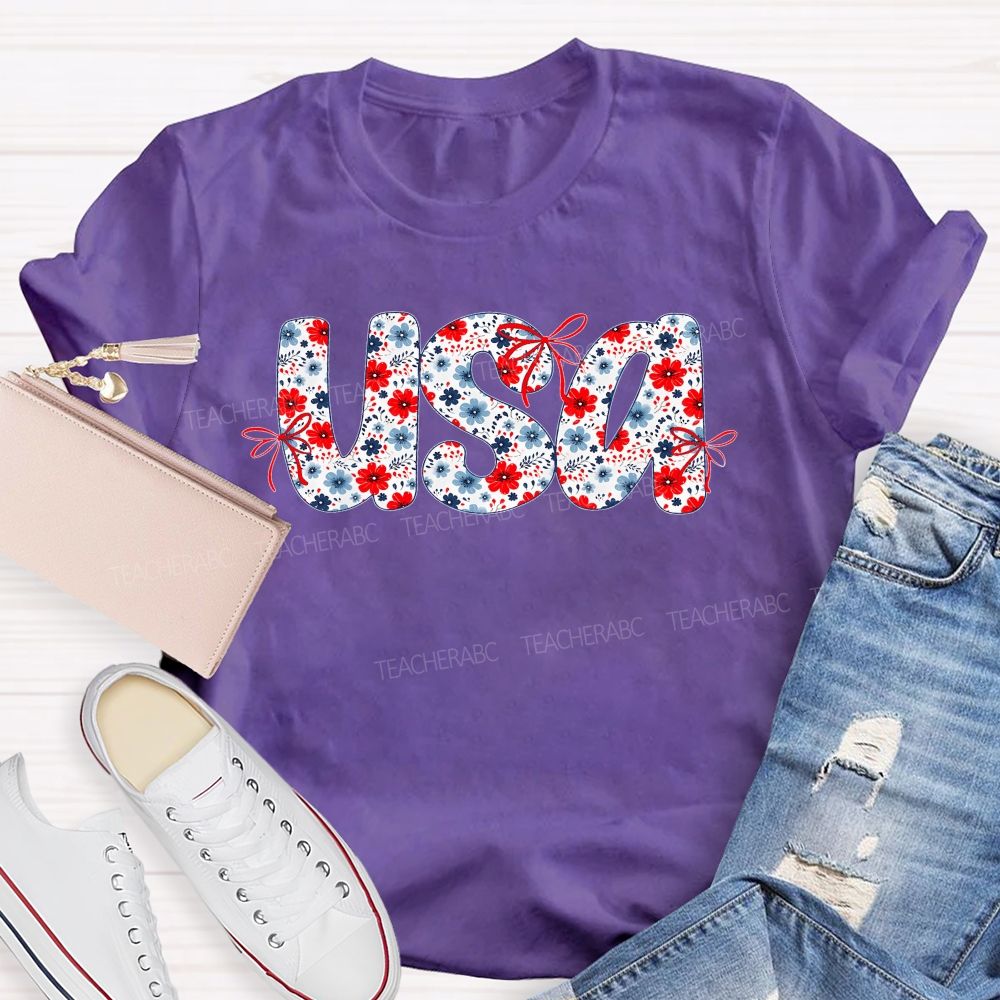 USA Flowers Pattern Teacher T-shirt