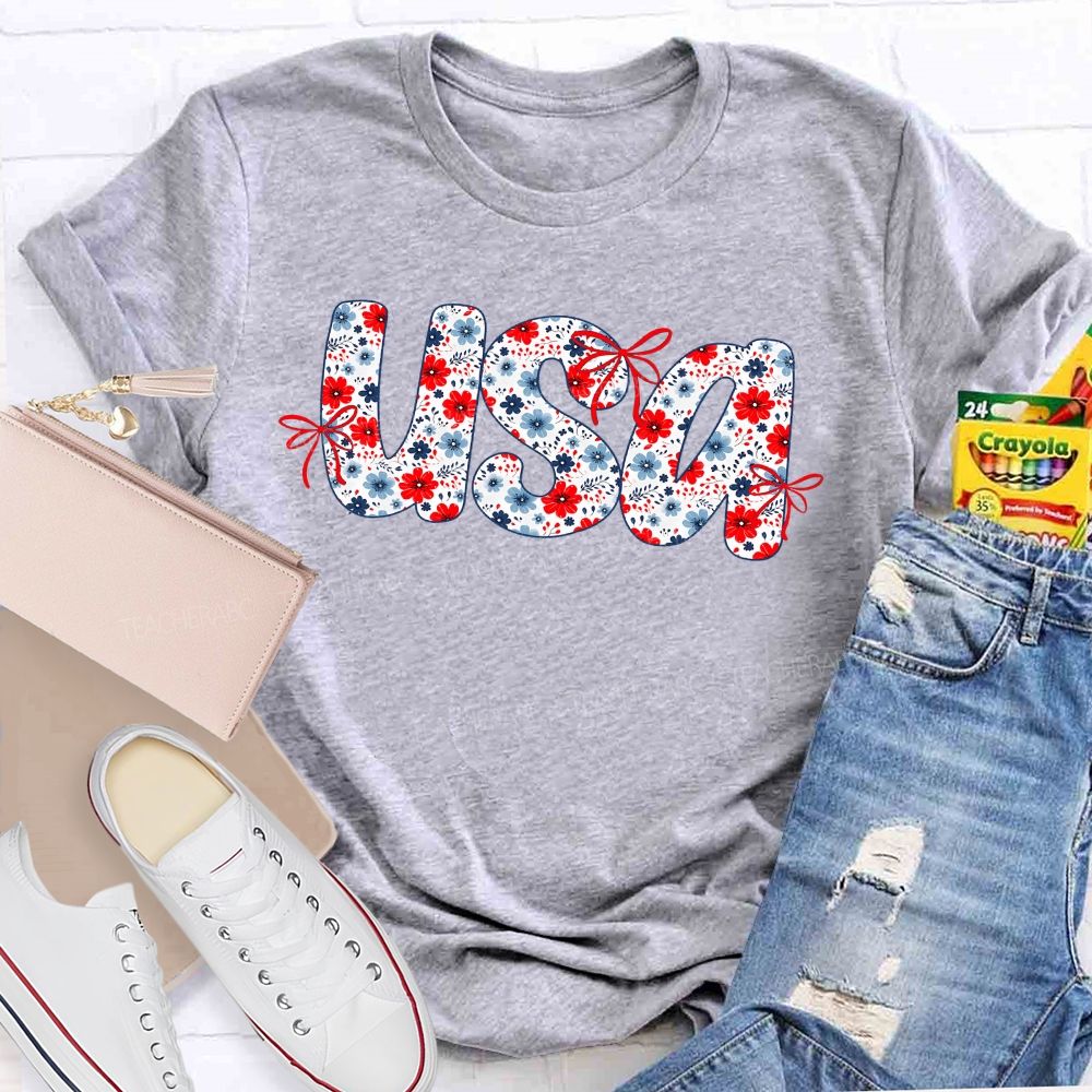 USA Flowers Pattern Teacher T-shirt