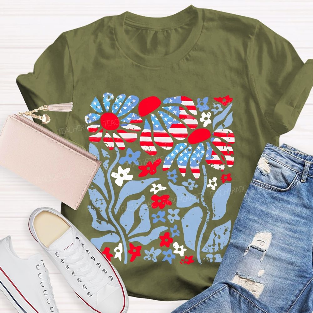 Independence Day Flowers Pattern Teacher T-shirt