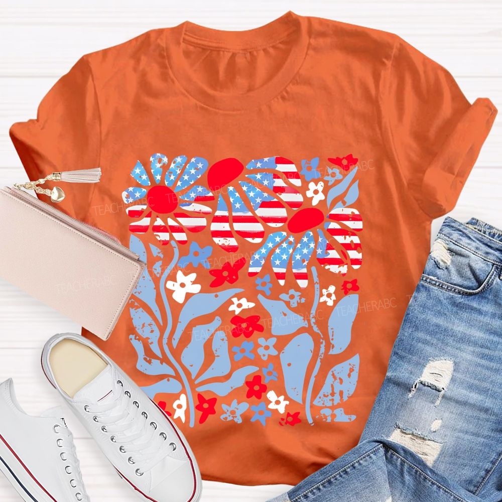 Independence Day Flowers Pattern Teacher T-shirt