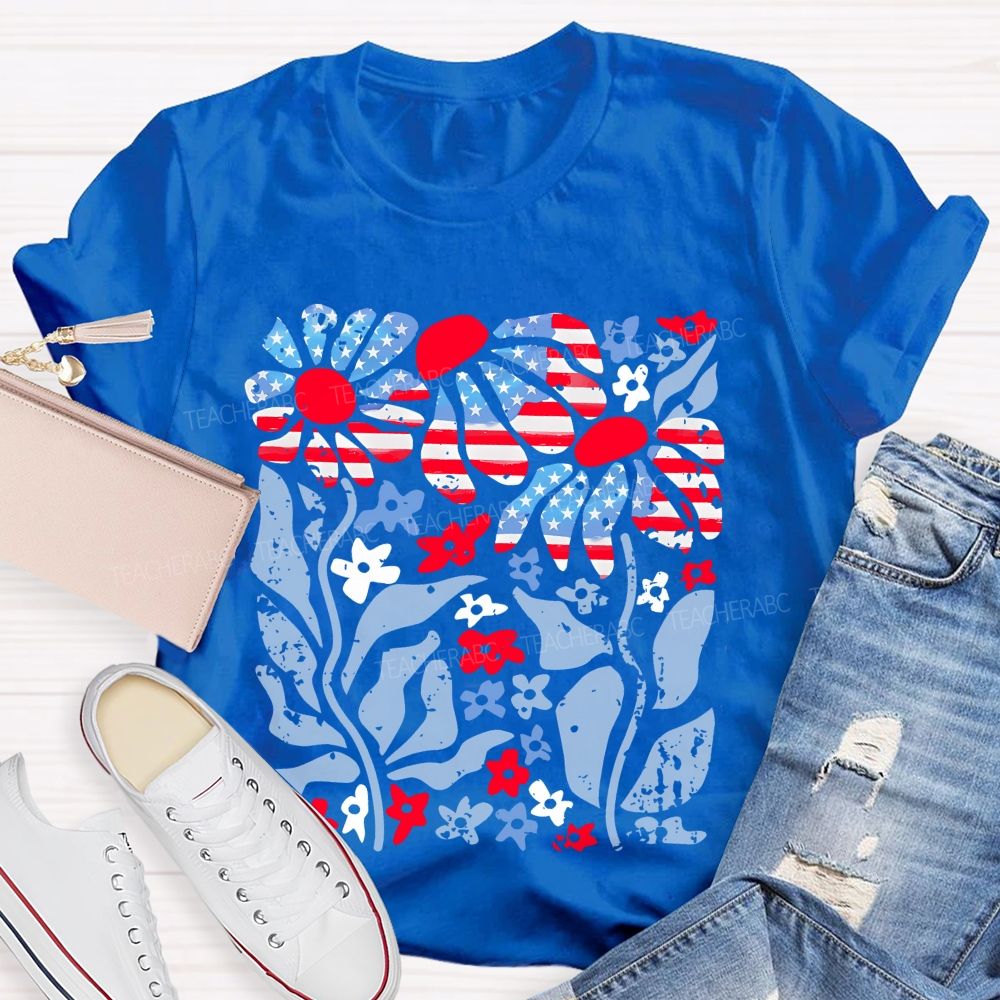 Independence Day Flowers Pattern Teacher T-shirt