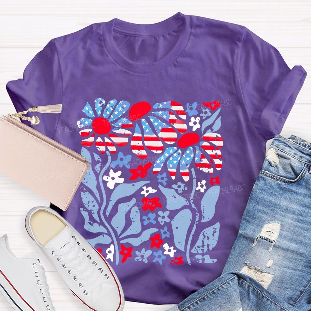 Independence Day Flowers Pattern Teacher T-shirt