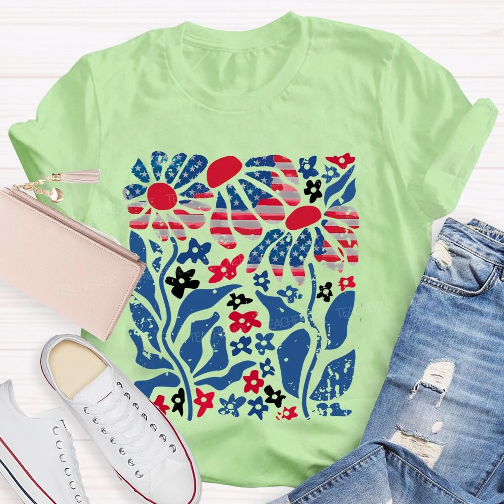 Independence Day Flowers Pattern Teacher T-shirt