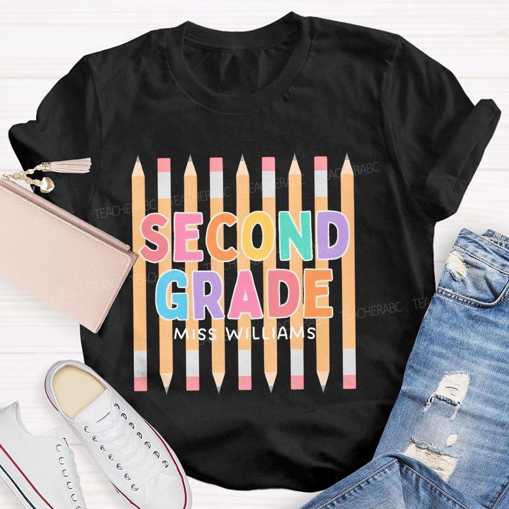 Personalized Name And Grade Second Grade Colorful Letters Pencil Teacher T-shirt