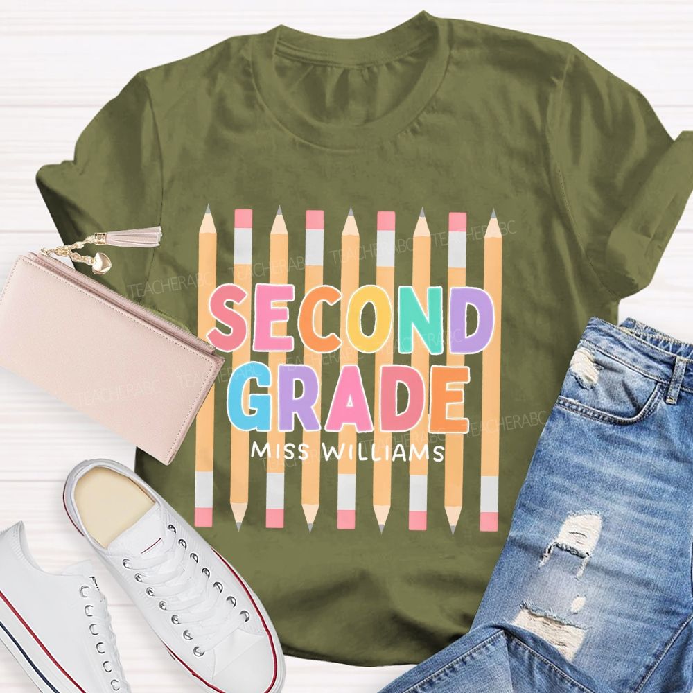 Personalized Name And Grade Second Grade Colorful Letters Pencil Teacher T-shirt