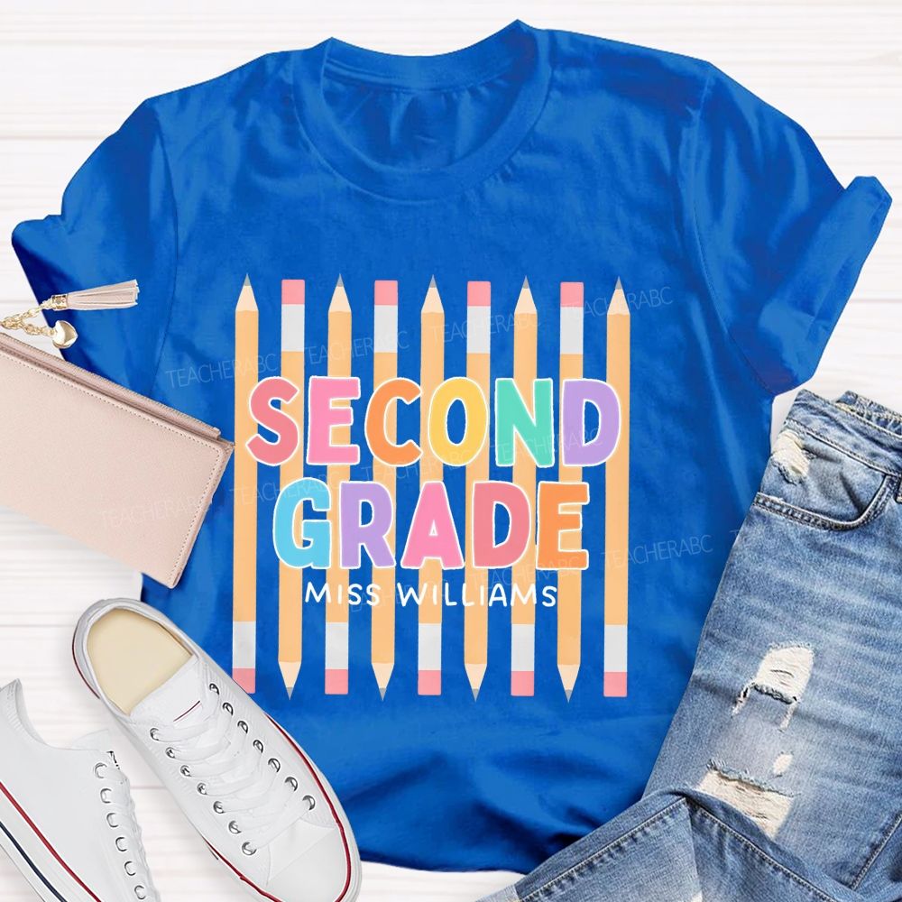 Personalized Name And Grade Second Grade Colorful Letters Pencil Teacher T-shirt