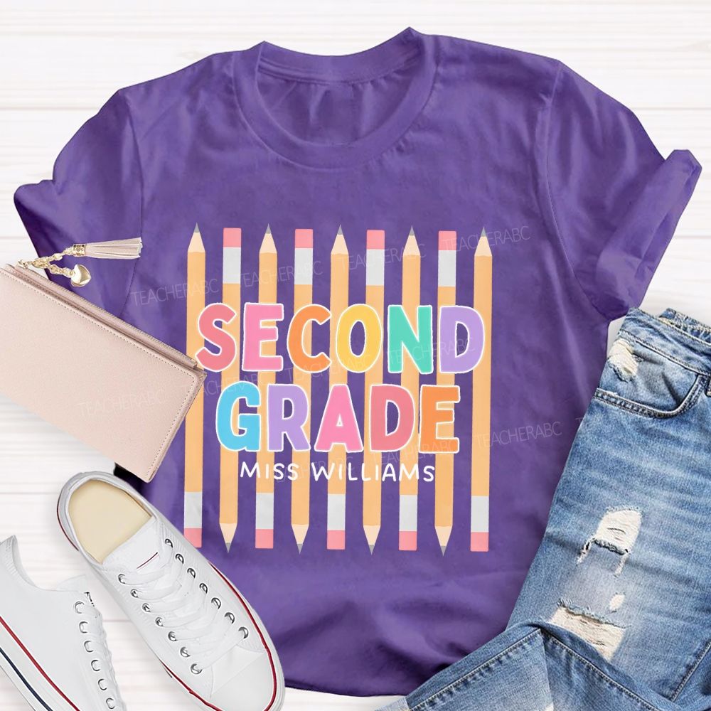 Personalized Name And Grade Second Grade Colorful Letters Pencil Teacher T-shirt