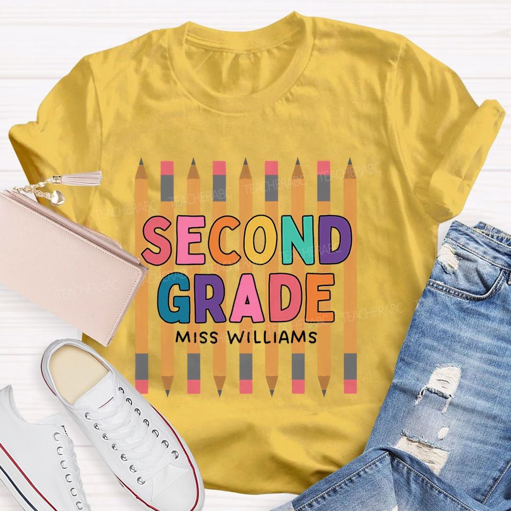 Personalized Name And Grade Second Grade Colorful Letters Pencil Teacher T-shirt
