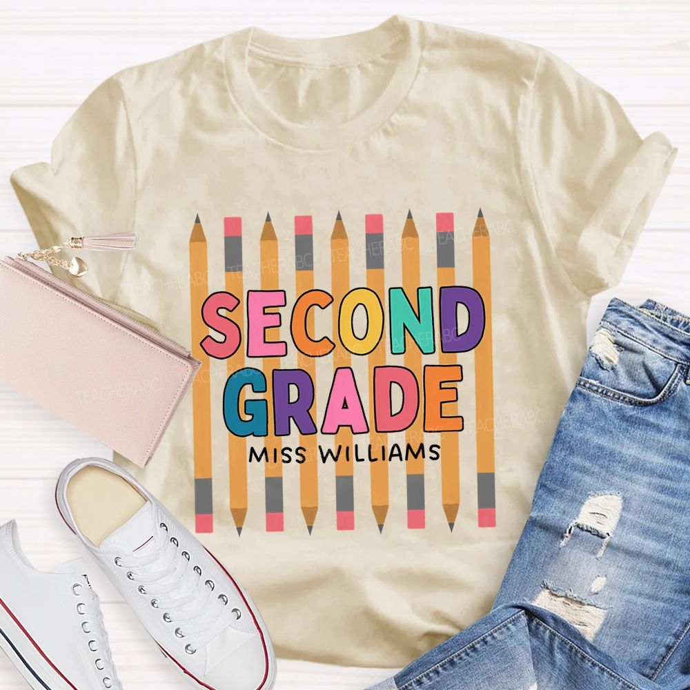 Personalized Name And Grade Second Grade Colorful Letters Pencil Teacher T-shirt
