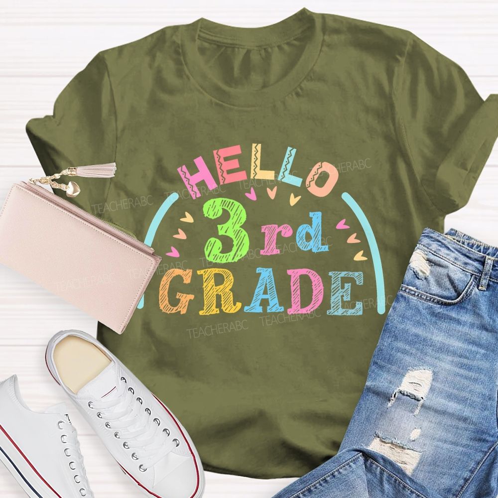 Personalized Grade Hello 3rd Grade Graphic Teacher T-shirt
