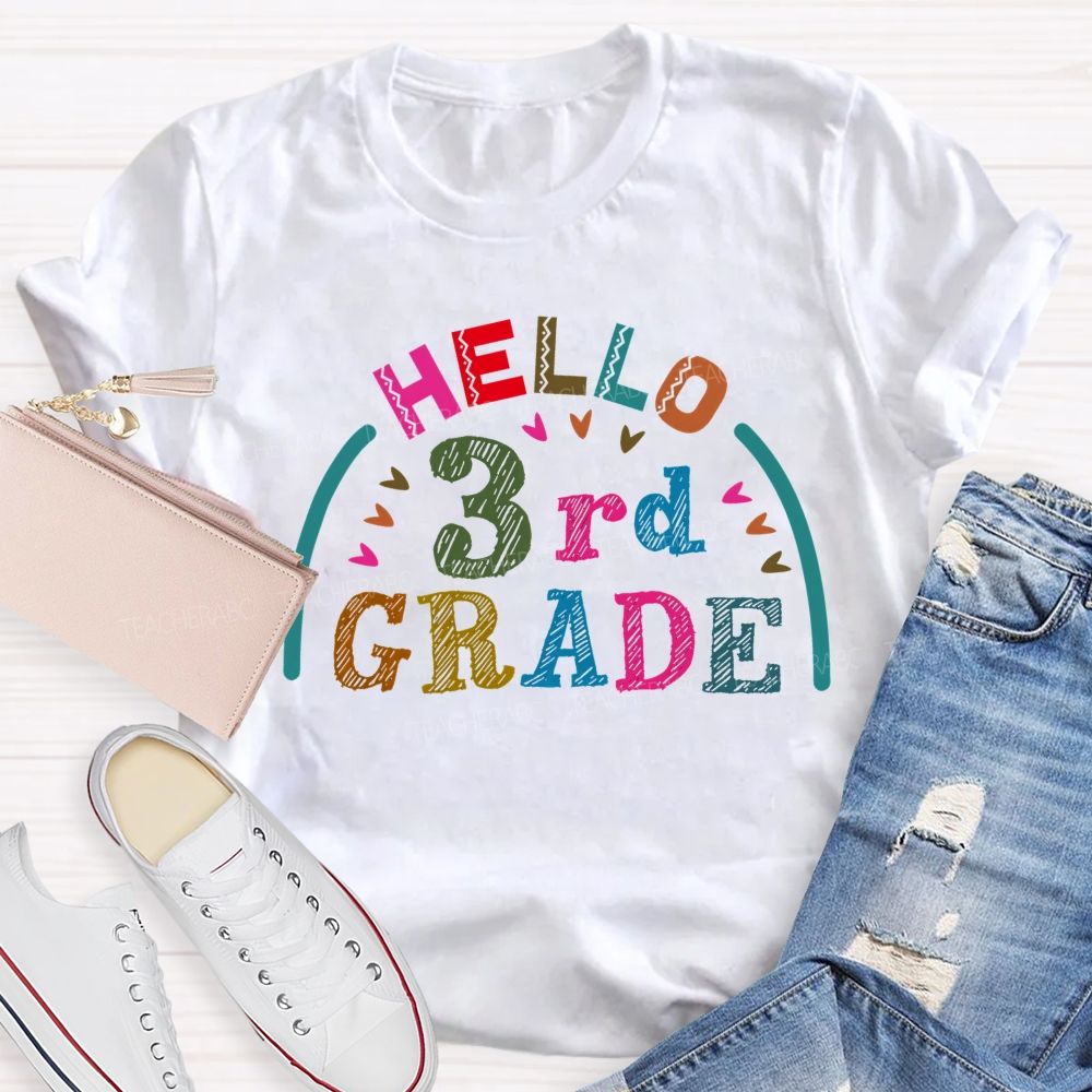 Personalized Grade Hello 3rd Grade Graphic Teacher T-shirt
