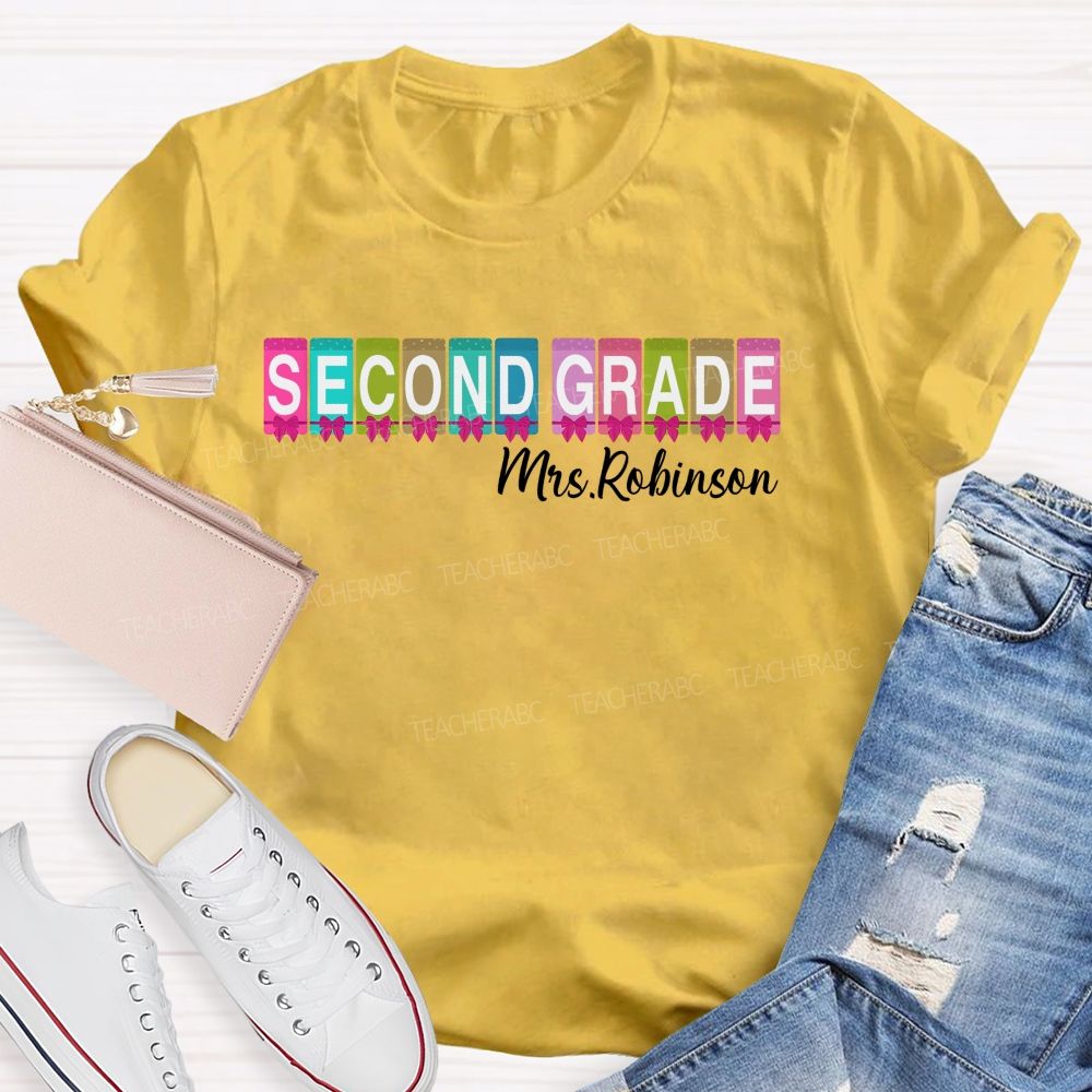 Personalized Name And Grade Second Grade Colorful Squares Bow Teacher T-shirt