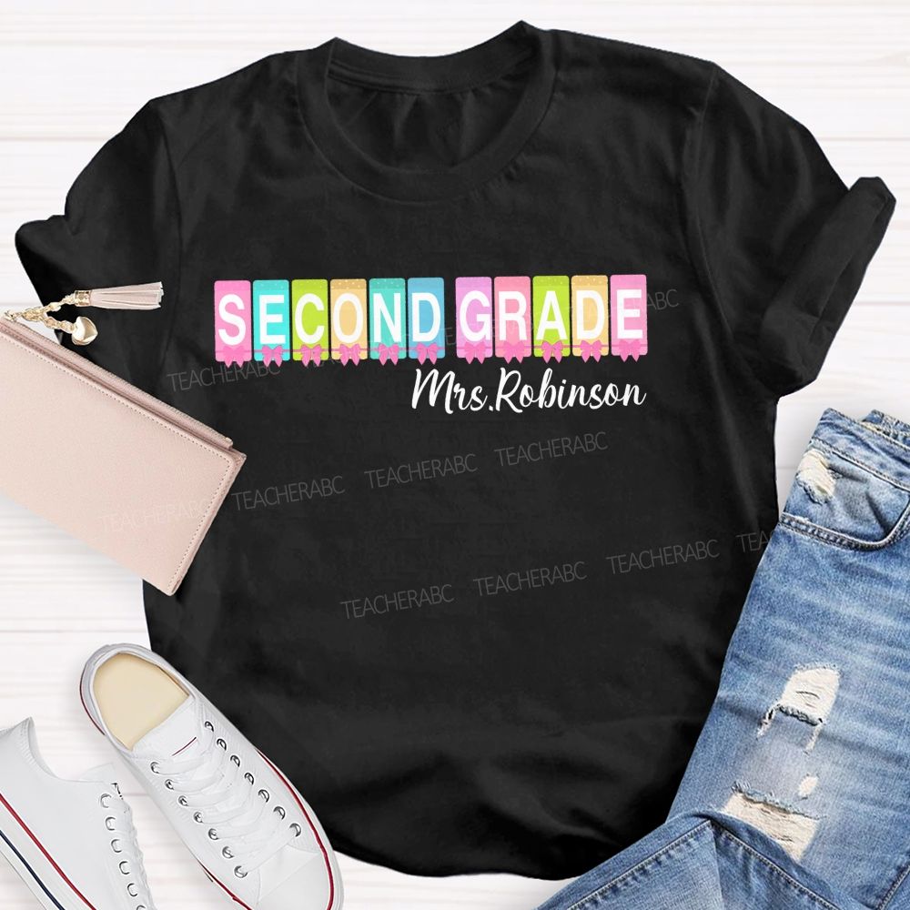 Personalized Name And Grade Second Grade Colorful Squares Bow Teacher T-shirt