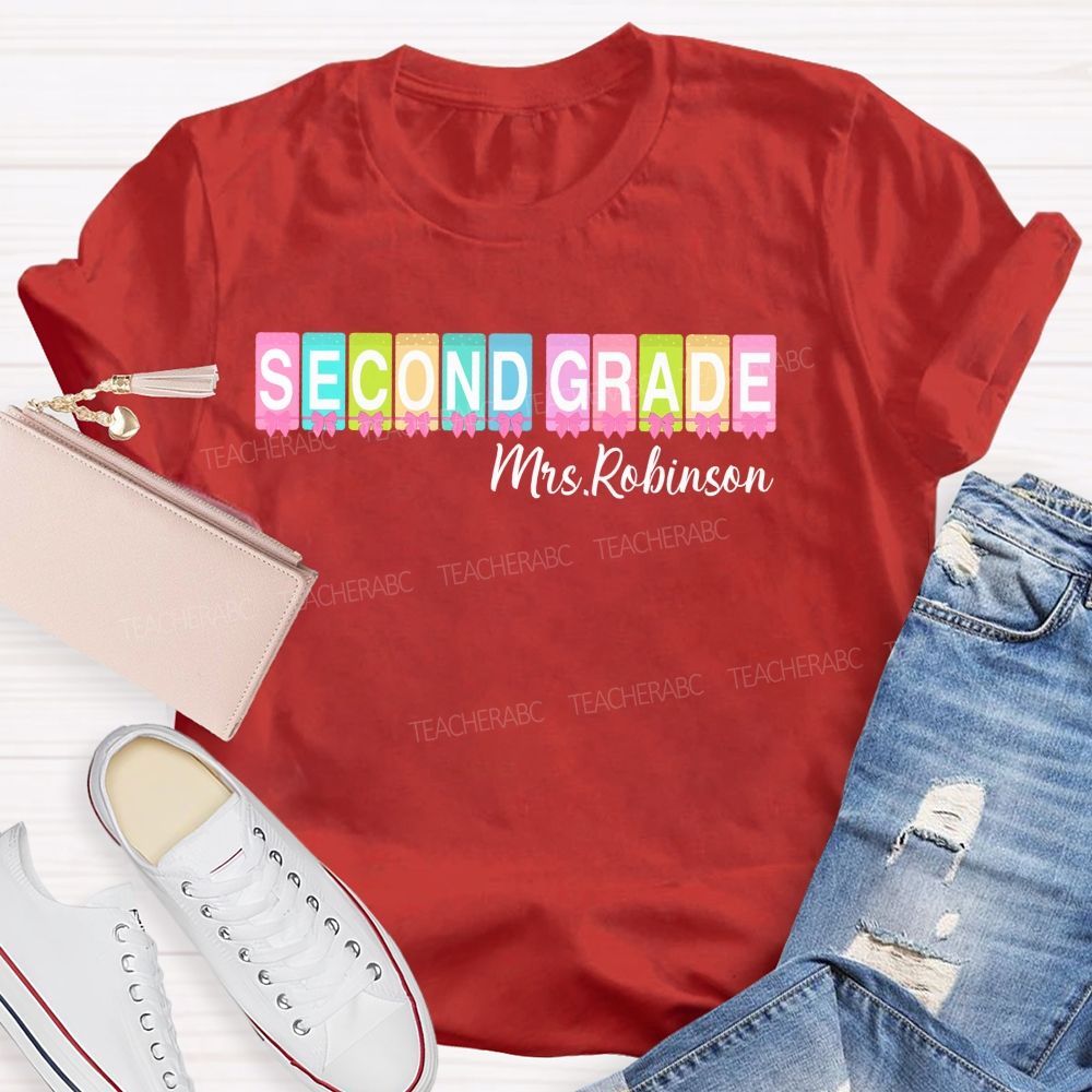 Personalized Name And Grade Second Grade Colorful Squares Bow Teacher T-shirt