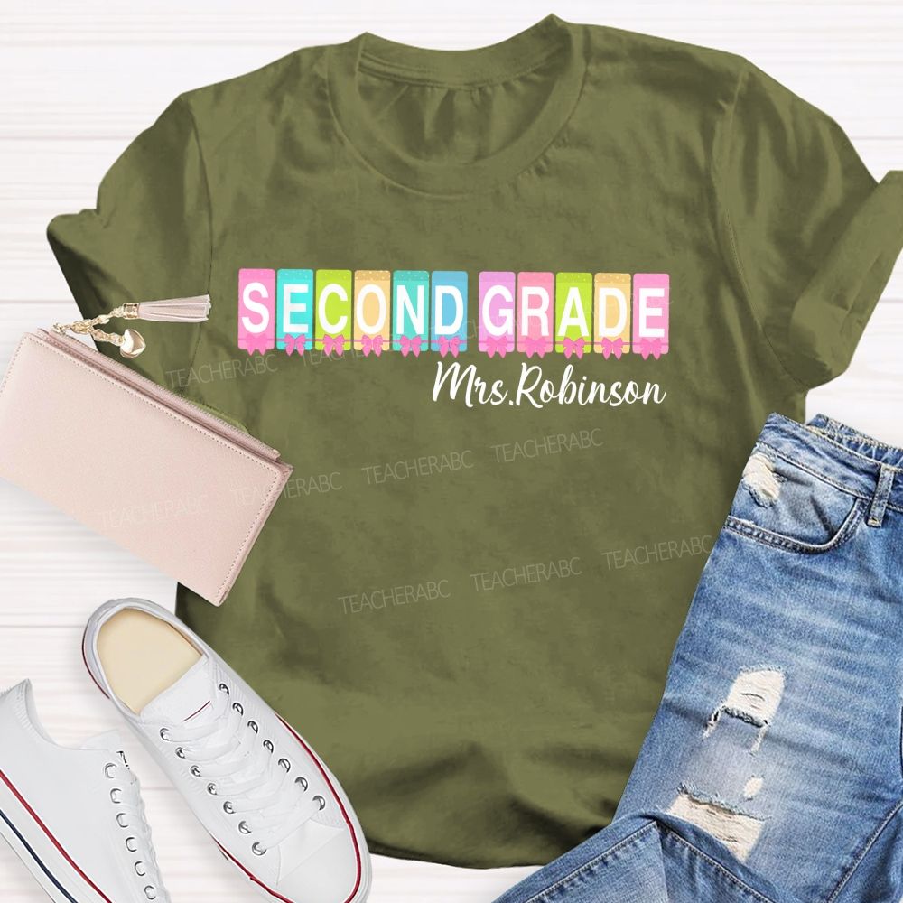 Personalized Name And Grade Second Grade Colorful Squares Bow Teacher T-shirt