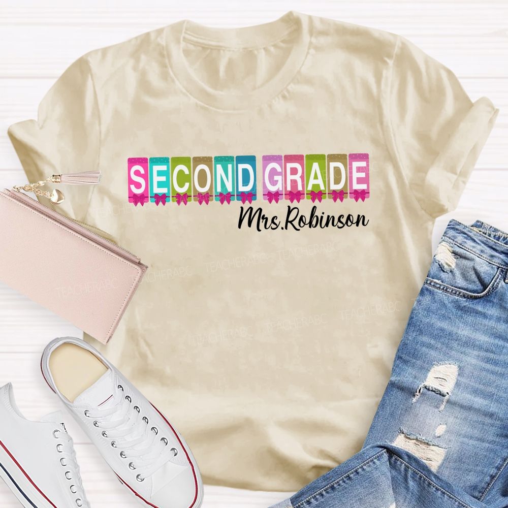 Personalized Name And Grade Second Grade Colorful Squares Bow Teacher T-shirt