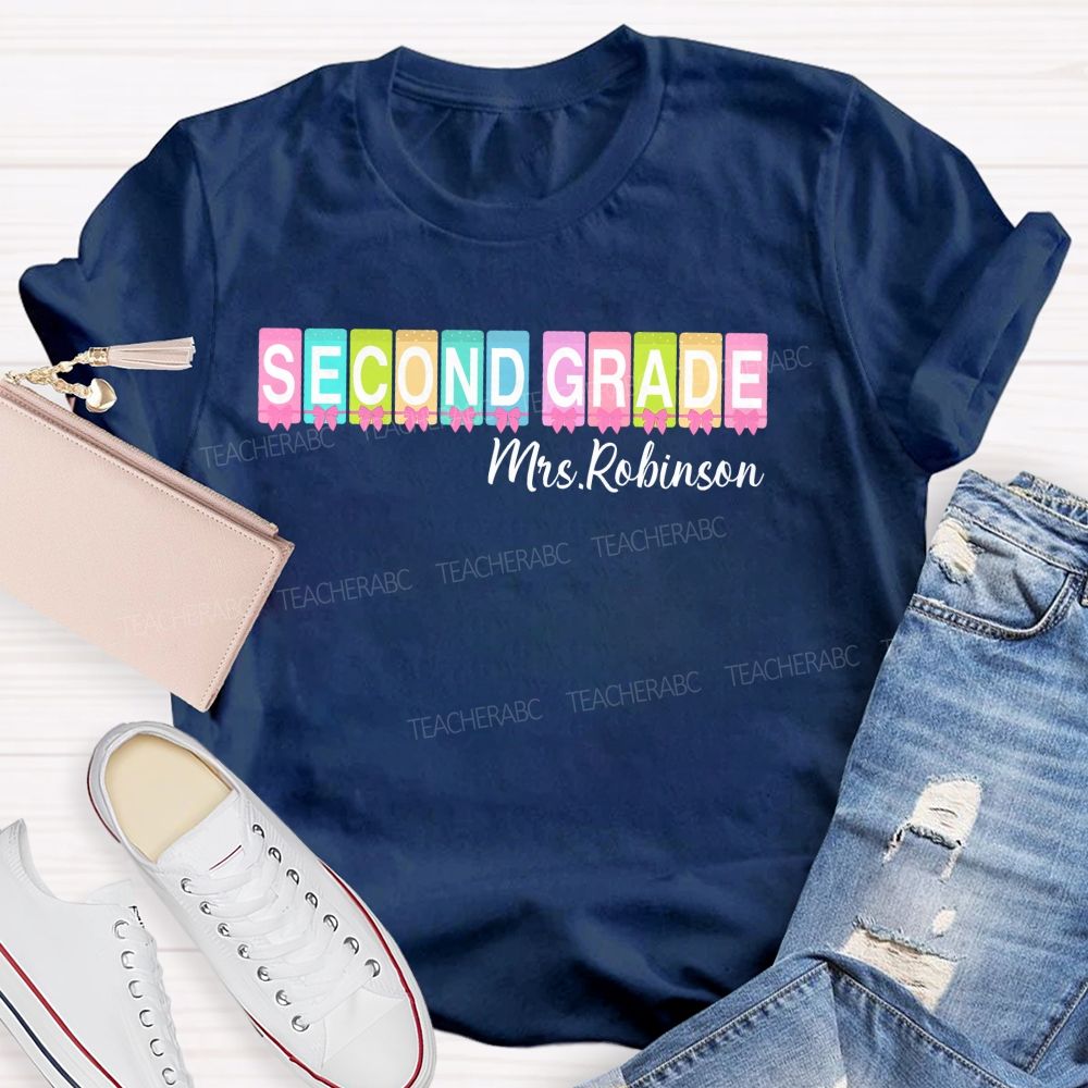 Personalized Name And Grade Second Grade Colorful Squares Bow Teacher T-shirt